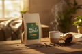 Back to Yourself Colombia coffee bag with steaming mug on rustic wood in golden morning light