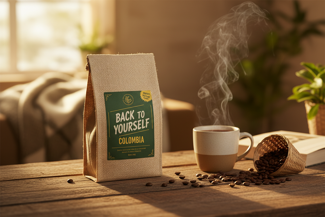 Back to Yourself Colombia coffee bag with steaming mug on rustic wood in golden morning light