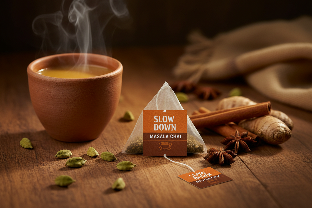 Slow Down Masala Chai tea bag with cardamom, cinnamon, star anise and steaming clay cup