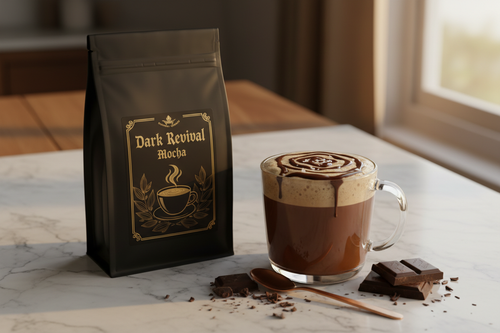 Dark Revival Mocha coffee bag with mocha latte and chocolate shavings on marble surface