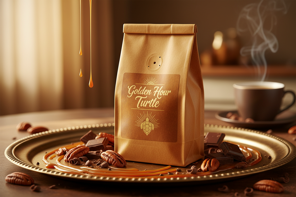 Golden Hour Turtle coffee bag with caramel drizzle, pecans and dark chocolate in golden hour light