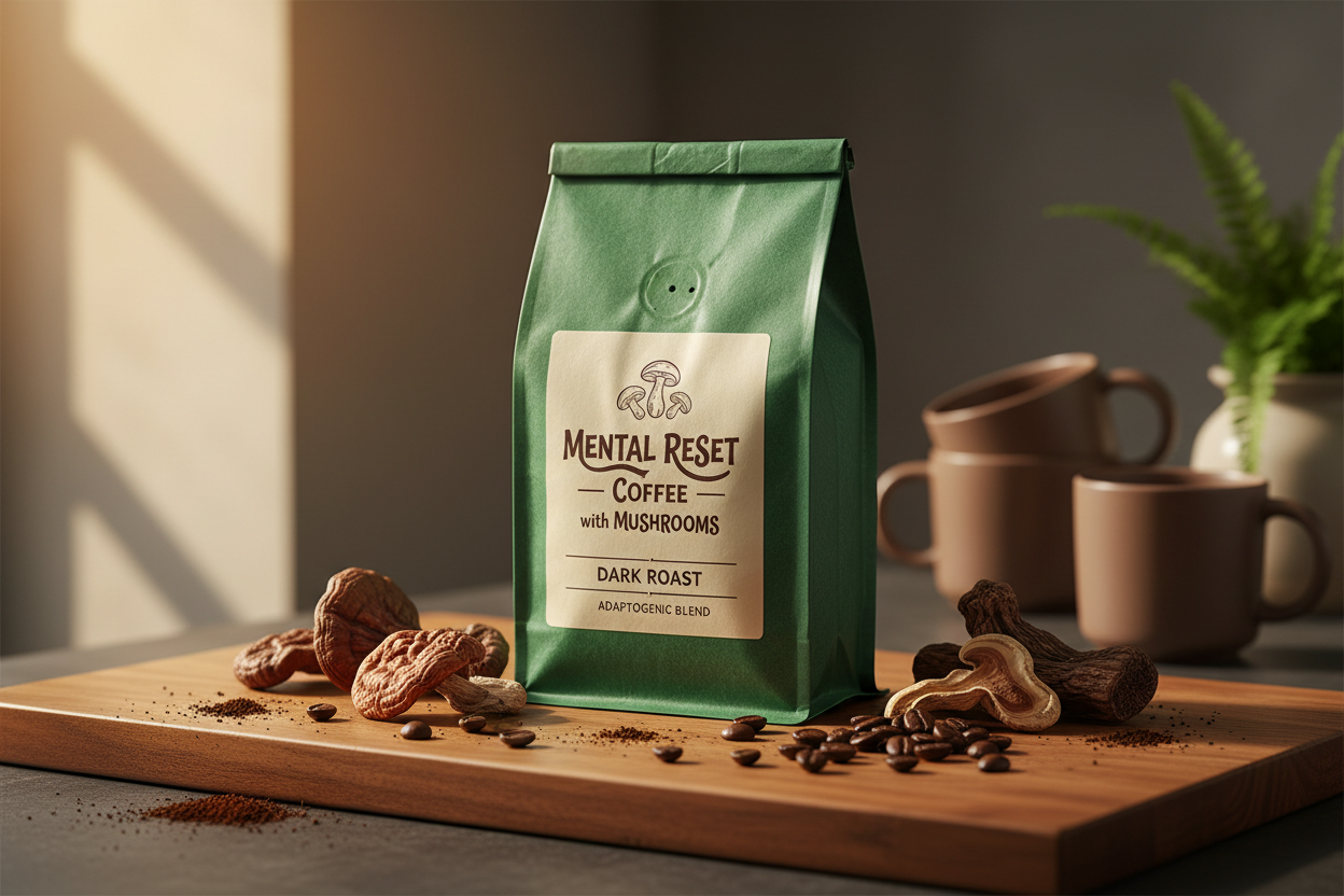 Mental Reset Coffee with Mushrooms bag with dried mushrooms and coffee beans on natural wood