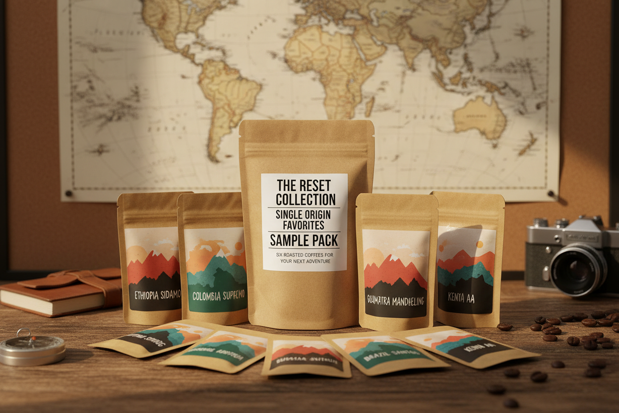 Single Origin Favorites Sample Pack with six sample pouches fanned out on wooden table with world map