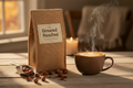 Grounded Hazelnut coffee bag with whole hazelnuts and steaming latte in warm autumn light