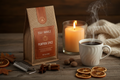 Stay Awhile Pumpkin Spice coffee bag with cinnamon sticks, nutmeg and candlelight in autumn tones