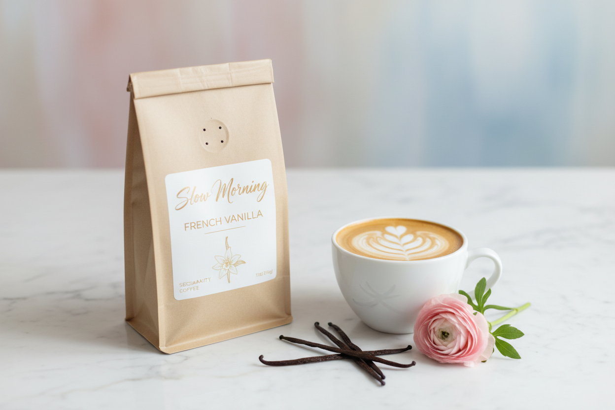 Slow Morning French Vanilla coffee bag with latte art and vanilla beans on white marble