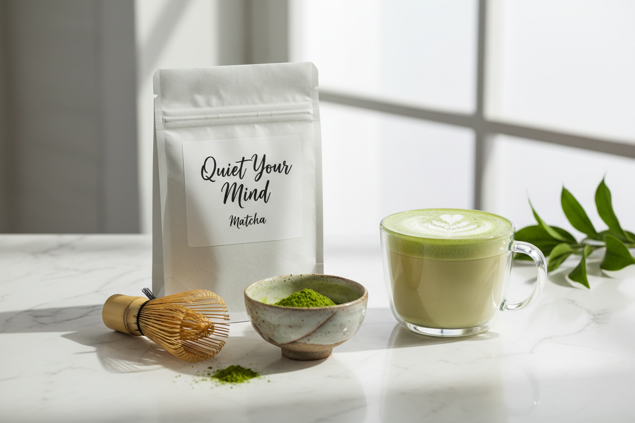 Quiet Your Mind Matcha bag with bamboo whisk, green matcha powder and frothy latte on white marble