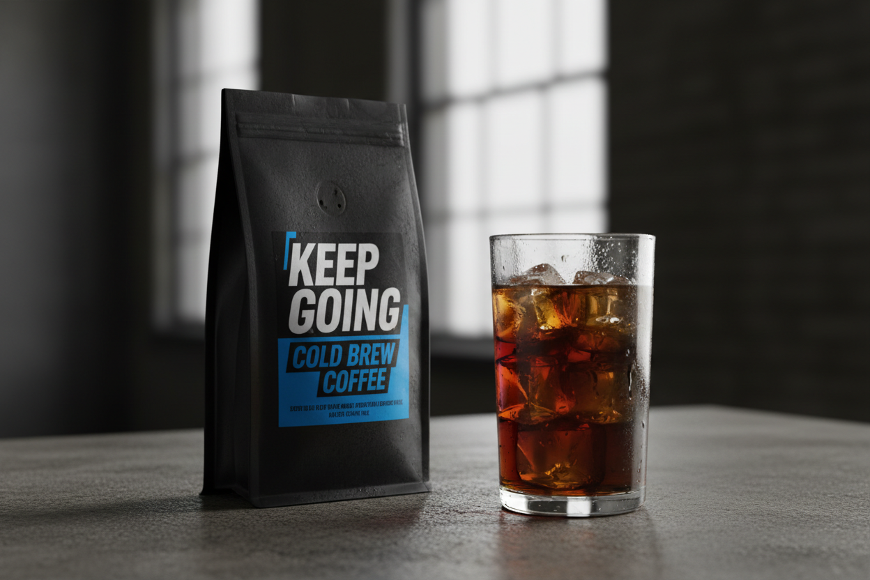 Keep Going Cold Brew Coffee bag with tall glass of cold brew over ice on concrete surface