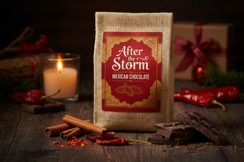 After the Storm Mexican Chocolate coffee bag with cinnamon, dark chocolate and chili in warm candlelight