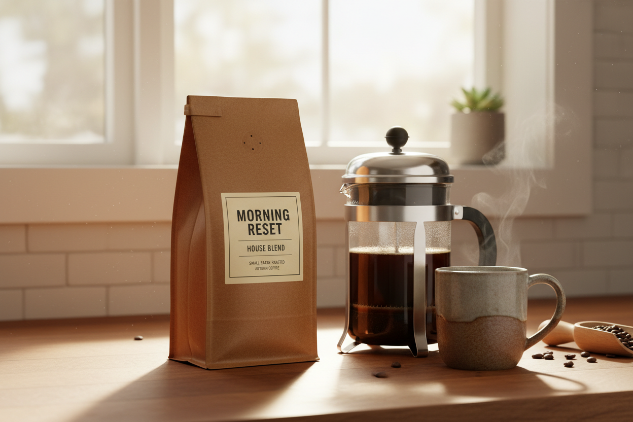 Morning Reset House Blend coffee bag at sunrise with French press and ceramic mug