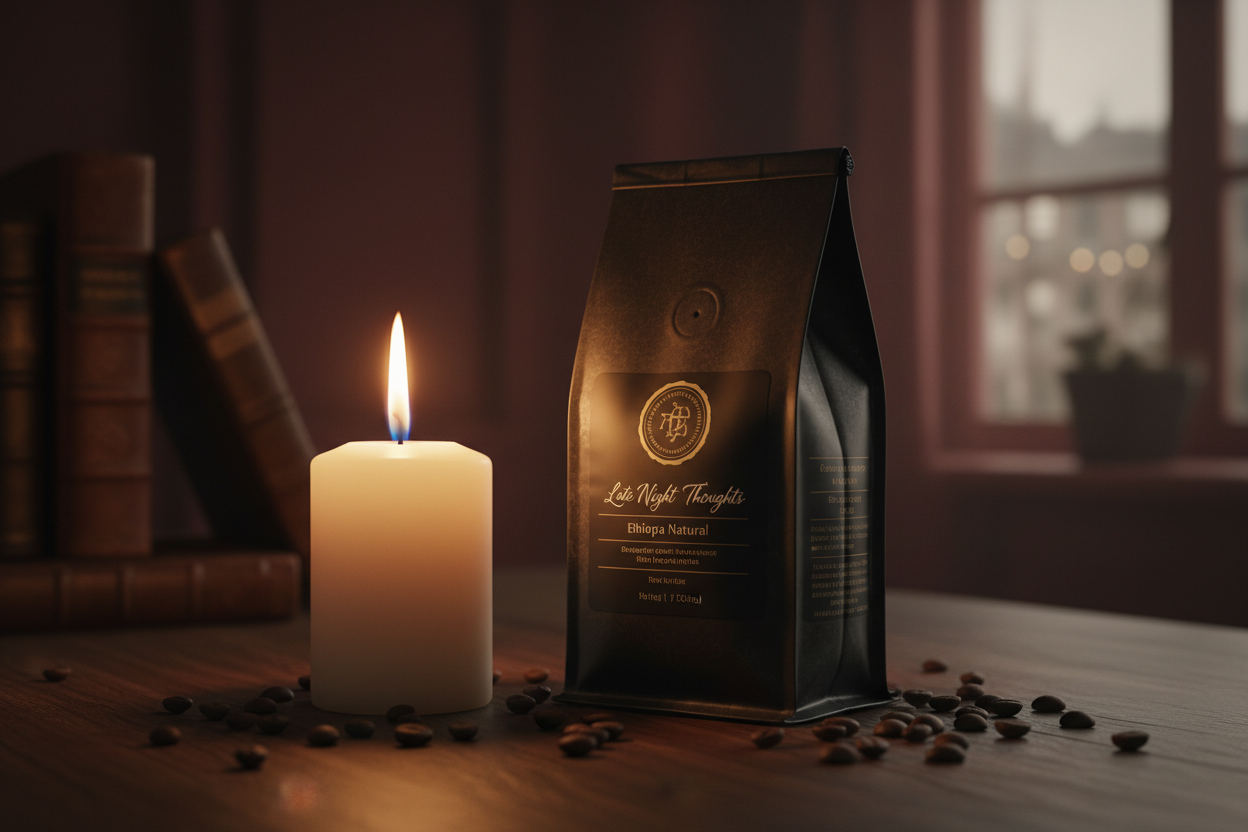 Late Night Thoughts Ethiopia Natural coffee bag with candle and coffee beans in moody dark tones